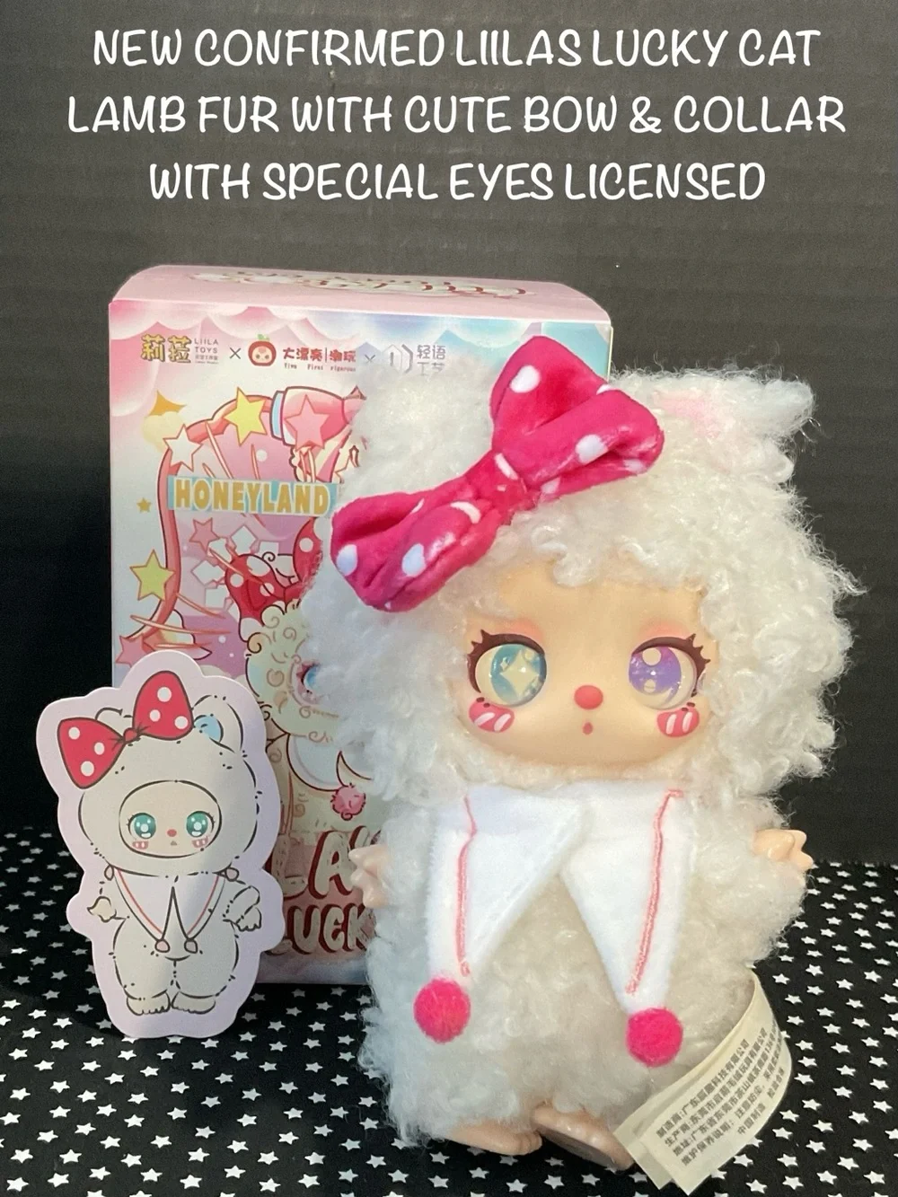 New Lilas Lucky Cat Lamb Fur Doll with Pink Bow & Special Eyes Licensed